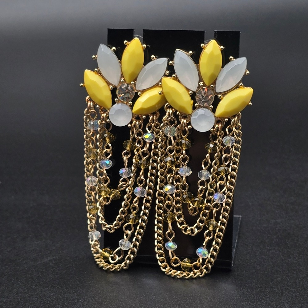 Yellow Rhinestone Chain Earrings Dangle Flower